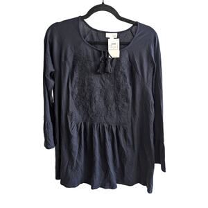 J.Jill Women's Embroidered Peplum Boho Top Bell Sleeve V-Neck Blue Size M